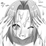  :&gt; blush cum cum_on_hair facial forehead greyscale haruno_sakura konakona monochrome naruto naruto_(series) one_eye_closed solo 