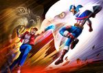  battle bird blonde_hair blue_eyes captain_america crossover duel eagle epic fatal_fury hat male_focus marvel multiple_boys saltheman steve_rogers terry_bogard the_king_of_fighters wolf 