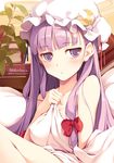  blanket blush breasts collarbone cover cover_page covered_nipples covering crescent ears face hair_ribbon hands hat jitome ke-ta large_breasts long_hair naked_sheet nude nude_cover patchouli_knowledge plant purple_eyes purple_hair ribbon solo touhou 