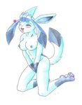  breasts covering covering_self eeveelution female glaceon kneeling nintendo nipples pitch-black-crow plain_background pok&#233;mon pok&#233;morph pok&eacute;mon solo video_games white_background 