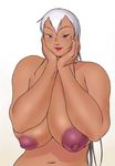 areola areolae bangs breasts bust curvy dark-skinned_female dark_skin eiden erect_nipples gg_quatre gri_gri grinis_quatre_gricom hands_on_face hanging_breasts huge_breasts jpeg_artifacts large_areola lipstick looking_at_viewer mature milf naughty_face navel nipples no_bra nude puffy_nipples purple_eyes red_lipstick simple_background smile solo topless white_hair 