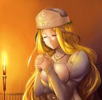  blonde_hair bodysuit breast_squeeze breasts closed_eyes corset glasses hat huge_breasts long_hair melpha nun praying queen's_blade solo very_long_hair zundarepon 