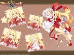  2009 bare_legs bat_wings blonde_hair blush bow brown_background closed_eyes copyright_name demon_tail disgaea flonne flonne_(fallen_angel) leotard logo long_hair multiple_persona official_art red_eyes red_leotard red_wings ribbon shoes swimsuit tail tail_bow tail_ribbon trinity_universe tsunako wallpaper wings 