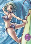  absurdres ass bad_id bad_pixiv_id bikini brown_eyes butt_crack getsumenjin green_hair highres looking_back original short_hair solo surfboard surfing swimsuit waves 