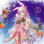  alternate_costume animal_ears bad_id bad_pixiv_id black_hair blue_dress bunny_ears bunny_tail closed_eyes dress flower hand_on_head holding_hands hug inaba_tewi interlocked_fingers multiple_girls pf pink_dress pink_hair reisen_udongein_inaba smile tail touhou yellow_eyes 