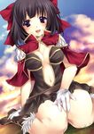  black_hair blue_eyes blush bow breasts capelet cleavage cleavage_cutout creator gloves hair_bow medium_breasts open_mouth ragnarok_online short_hair sitting skirt solo sorai_shin'ya wariza 