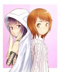  aran_sweater bad_id bad_pixiv_id brown_eyes brown_hair highres hood k@ito90p kinuhata_saiai kuroyoru_umidori multicolored_hair multiple_girls sweater to_aru_majutsu_no_index to_aru_majutsu_no_index:_new_testament 