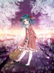  :d animal_ears arms_behind_back bad_id bad_pixiv_id broom dress graveyard green_eyes green_hair highres kasodani_kyouko neme open_mouth short_hair smile solo stone_lantern touhou tree 