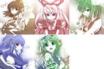  ascot blonde_hair blue_eyes bow bowtie brown_hair flower green_eyes green_hair hair_bobbles hair_bow hair_ornament hat homura_(silver_blaze) kazami_yuuka leaf light_smile long_skirt long_sleeves medicine_melancholy miniskirt multiple_girls one_eye_closed onozuka_komachi open_eyes open_mouth parasol phantasmagoria_of_flower_view pointy_ears purple_hair red_eyes rod_of_remorse scythe shameimaru_aya shiki_eiki short_hair short_sleeves skirt smile tongue touhou two_side_up umbrella upper_body weapon wings 