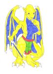  breasts chris-sowden claws clothing dragon female hi_res loincloth nipples poorly_drawn scalie solo underwear white_background wings 