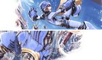  airman android armor armored_boots banned_artist battle bodysuit boots brown_hair building cityscape falling helmet kurkoboltsi machinery male_focus outdoors rockman rockman_(character) rockman_(classic) sweatdrop 