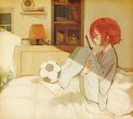  ball barefoot bed bedroom bookshelf cellphone feet inazuma_eleven inazuma_eleven_(series) indoors kiyama_hiroto male_focus pajamas phone red_hair room shirakino sitting soccer_ball solo telescope telstar trophy 