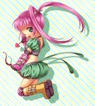  ;d boots bow_(weapon) bubble_skirt chelsea_torn choker crop_top full_body gloves green_eyes green_skirt hair_ornament hairpin jumping knee_boots long_hair midriff one_eye_closed open_mouth pink_hair ponytail sensaki_chihiro skirt smile solo split_ponytail tales_of_(series) tales_of_destiny weapon 