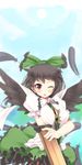  arm_cannon bad_id bad_pixiv_id black_hair black_wings blush bow breasts feathers green_bow hair_bow highres large_breasts long_hair one_eye_closed red_eyes reiuji_utsuho solo takashiru tongue touhou upper_body weapon wings 