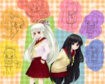  alternate_costume ameya_nihachi black_hair blue_eyes chibi contemporary fujiwara_no_mokou hime_cut houraisan_kaguya long_hair looking_at_viewer multiple_girls multiple_monochrome pantyhose rainbow_order red_eyes school_uniform smile touhou translated white_hair 