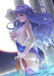  ass blue_hair column covering covering_breasts emanon123 idolmaster idolmaster_(classic) long_hair looking_back nude pillar red_eyes shawl shijou_takane solo wading water wavy_hair 