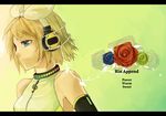  aqua_eyes bad_id bad_pixiv_id blonde_hair blue_flower blue_rose flower hair_ornament hair_ribbon hairclip headphones highres kagamine_rin kagamine_rin_(append) letterboxed portrait red_flower red_rose ribbon rioko rose short_hair solo vocaloid vocaloid_append yellow_flower yellow_rose 