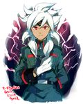  bad_id bad_pixiv_id baddap_sleed hand_on_own_chest inazuma_eleven inazuma_eleven_(series) male_focus military military_uniform red_eyes solo tattoo tetsuo uniform white_hair 