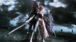  1girl armor back-to-back boots breastplate caius_ballad final_fantasy final_fantasy_xiii final_fantasy_xiii-2 greaves height_difference legs lightning_farron long_hair official_art pink_hair purple_hair screencap shield sword thighs weapon 