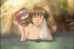  adult bamboo bare_shoulders bath breasts brown_hair eyes_closed female hair_up happy holding magazine mikuriya_ran onsen open_mouth plant rock short_hair smile solo steam stratos_4 sunset towel twilight water wet 