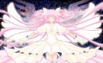  closed_eyes dress gloves highres kaname_madoka light_smile long_hair mahou_shoujo_madoka_magica outstretched_arms pink_hair shima-shuu solo space sparkle spoilers spread_arms two_side_up ultimate_madoka white_dress white_gloves wings 