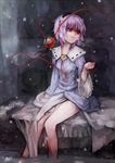  bare_legs hairband heart highres komeiji_satori pink_hair poetrywing purple_hair red_eyes short_hair sitting snow soaking_feet solo third_eye touhou water 