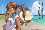  aoi_sora_(pairan) bag bird blush brown_eyes brown_hair clothes_writing cloud dark_skin day face ocean original pairan seagull shochuumimai smile solo sportswear sweat tan translated twintails 