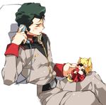  animal_ears bad_id bad_pixiv_id blonde_hair blush bright_noa cable cat_ears cat_tail char_aznable chibi closed_eyes corded_phone green_hair gundam male_focus military military_uniform miniboy multiple_boys pet phone quattro_vageena simple_background sitting sunglasses sweat tail talking_on_phone toujou_sakana uniform zeta_gundam 