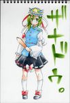  :&lt; bad_id bad_pixiv_id blush_stickers green_eyes green_hair hat kneehighs mary_janes ribbon rod_of_remorse shiki_eiki shoes skirt solo touhou traditional_media uousa-ou 