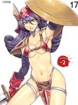  armor armpits bikini_armor breasts choker cleavage dragon_quest dragon_quest_iii elbow_gloves gloves helmet highres light_smile long_hair medium_breasts mizuryuu_kei purple_eyes purple_hair queen's_blade red_armor shield soldier_(dq3) solo sword thigh_strap weapon winged_helmet 