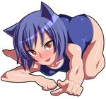  animal_ears arcana_heart barefoot blue_hair cat_ears daidouji_kira face foreshortening hands one-piece_swimsuit orochi_itto pointing resized school_swimsuit solo swimsuit 