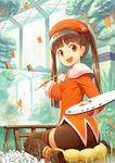  art_brush brown_hair bug butterfly canvas_(object) easel flower greenhouse hat highres insect kanini oekaki_musume orange_eyes original paint paint_tube paintbrush painting palette pillow smile solo thighhighs tree twintails 