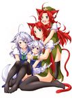  ahoge animal_ears black_legwear blue_eyes cat_ears cat_tail dog_ears dog_tail highres hong_meiling if_they_mated inu_sakuya izayoi_sakuya kemonomimi_mode lozelia multiple_girls panties pink_panties red_hair side_slit silver_hair sitting tail thighhighs touhou underwear 