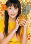  1girl :q asian bangs brown_eyes fingernails food fruit happy komatsu_ayaka looking_at_viewer nail_polish painted_fingernails photo pineapple pretty_guardian_sailor_moon shirt solo t-shirt t_shirt tongue 