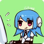  :q bili_girl_22 bilibili_douga blue_hair chibi computer fingerless_gloves gloves green_background hao_(patinnko) headset monitor mouse_(computer) necktie no_nose playing_games red_eyes short_hair solo tongue tongue_out 