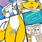  beard black_sclera blue_eyes chest_tuft claws clitoris clothed clothing darkdoomer dickgirl digimon dr._hax facial_hair french_text fur gloves human intersex mammal navel open_mouth patachu patamon pussy pussy_juice renamon text transformation tuft white_fur 