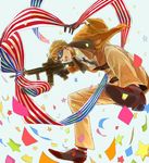  america_(hetalia) axis_powers_hetalia bad_id bad_pixiv_id blonde_hair blue_eyes confetti gloves goggles gun jacket male_focus mamekichi_(soooy) socks solo striped striped_legwear weapon 