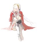  1girl armor artuvia bangs black_gloves boots cape closed_mouth edelgard_von_hresvelg fire_emblem fire_emblem:_three_houses fire_emblem_warriors:_three_hopes full_body gloves hands_on_own_knees highres long_hair looking_to_the_side metal_boots official_alternate_costume official_alternate_hairstyle own_hands_together parted_bangs purple_eyes red_cape sitting solo thigh_boots white_background white_hair 