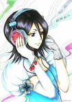  absurdres black_hair bleach blue_eyes deviantart_username elbow_gloves english fingerless_gloves food fruit gloves hair_between_eyes headphones highres hits kuchiki_rukia short_hair simple_background solo strawberry thank_you watermark web_address white_background yuria-chu 