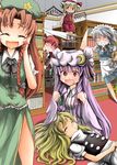  blush_stickers braid commentary flandre_scarlet gaoo_(frpjx283) head_wings hong_meiling izayoi_sakuya kirisame_marisa knife knifed koakuma long_hair maid maid_headdress multiple_girls open_mouth patchouli_knowledge purple_eyes purple_hair red_hair sharp_teeth short_hair silver_hair smile teeth touhou twin_braids wings 