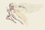  1girl angel_wings ass boots closed_mouth commentary_request final_fantasy final_fantasy_tactics gloves head_wings highleg leotard long_hair momigara_(mmgrkmnk) muscle red_legwear silver_hair simple_background solo sword thigh_boots thighhighs ultima_(fft) weapon wings 