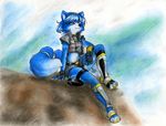  abluedeer blue canine epic female fox krystal midriff sitting solo star_fox video_games vixen 