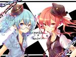  aihara_kaori bangs blue_eyes blue_hair bow breast_pocket breasts chain character_name cleavage collared_shirt cuffs glasses handcuffs hat highres himitsu_keisatsu_(vocaloid) loose_necktie momobako multiple_girls necktie orange_hair original pocket police police_hat police_uniform red_eyes rojiko semi-rimless_eyewear shirt small_breasts twintails under-rim_eyewear uniform vest vocaloid 