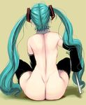  aqua_hair ass back bad_id bad_pixiv_id black_legwear detached_sleeves dimples_of_venus facing_away from_behind full_body hatsune_miku long_hair masao nude sitting solo spring_onion thighhighs twintails vocaloid 