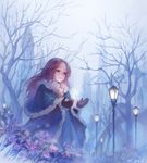  bad_id bad_pixiv_id bare_tree blue bridge building castle coat flower fur_trim gloves highres lamppost light_smile liyin_(neptune) long_hair looking_at_viewer open_hands original pale_skin pink_eyes pink_flower pink_hair pink_rose rose scenery smirk solo tree winter winter_clothes 