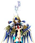  arc_system_works blazblue blonde_hair blue_eyes breasts crotch_plate elbow_gloves female gloves headdress long_hair mecha_musume midriff mu-12 okisute shoulder_pads simple_background small_breasts solo thighhighs underboob white_background 