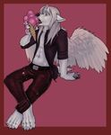  canine clothing cute hair ice_cream licking male messy open_shirt pink_eyes sitting solo tongue unknown_artist white_hair wings wolf 