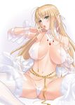  antenna_hair belt blonde_hair breasts breasts_apart earrings finger_to_mouth fingernails front-tie_top fur hair_ribbon highres jewelry large_breasts legs lips long_fingernails long_hair naughty_face necklace puffy_lips ribbon sano_toshihide saotome_maria see-through sex_life solo spread_legs thick_thighs thighhighs thighs third-party_edit untied white_legwear 