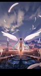  alphonse_(white_datura) aqua_hair arms_behind_back bad_id bad_pixiv_id barefoot day dress feathers feet from_behind hair_ribbon hands_clasped hatsune_miku long_hair long_legs outdoors own_hands_together power_lines railroad_tracks ribbon sky soles solo sunrise twintails vocaloid wings 