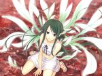  bad_id bad_pixiv_id bare_shoulders collarbone dress from_above green_hair hitoha light_rays long_hair no_legwear parted_lips sandals saya saya_no_uta sidelocks sitting sleeveless sleeveless_dress solo toes very_long_hair wariza white_dress wings 